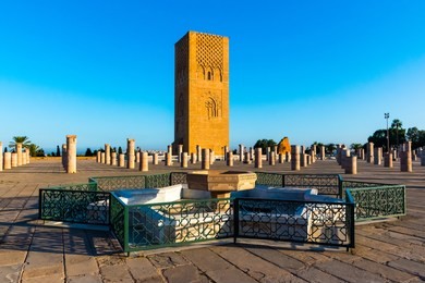 tousand years old tower of hassan of the capital rabat city in unesco, morocco in africa