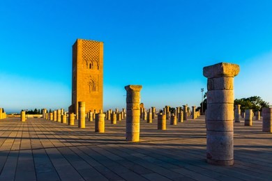 tousand years old tower of hassan of the capital rabat city in unesco, morocco in africa