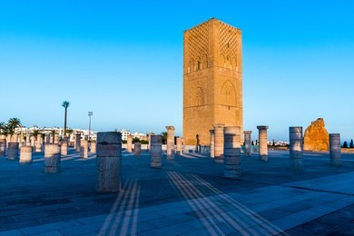 tousand years old tower of hassan of the capital rabat city in unesco, morocco in africa