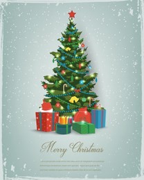 christmas tree with decorations and gift boxes. holiday background. merry christmas and happy new year. vector illustration