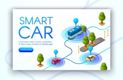 smart car technology vector illustration of vehicle location tracking or gps radars. transport navigation and traffic control system for cargo trucks and carsharing taxi in city road