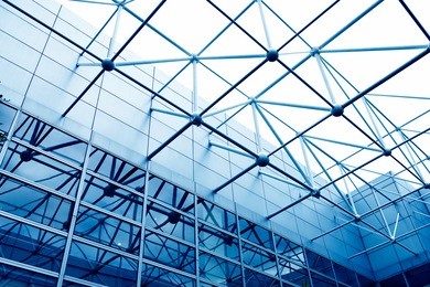 glass office buildings in wide angle view.