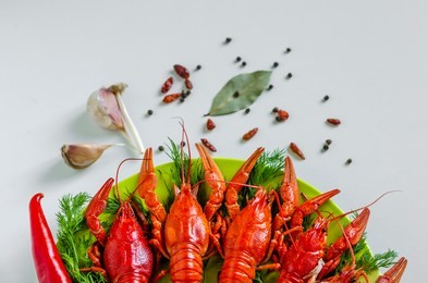 boiled red crayfish or crawfish with dill herbs on white background. close up. crayfish party, restaurant, cafe, pub menu