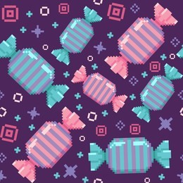 pixel candy vector pattern. pink and blue candies on purple background