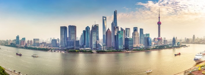 aerial panorama view on shanghai, china. beautiful daytime skyline with skyscrapers and the hunapu river.
