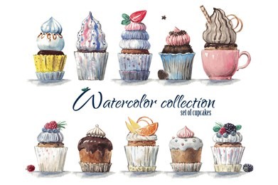 high quality hand painted watercolor cupcakes design for holidays,coffee shops,greeting cards,packaging,for party wedding invitations,scrapbooking paper,dessert cafe menu,stationery, blog design,d.i.y