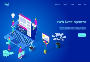 isometric vector illustration introducing web development process. web page template suitable for graphic design. picture showing programmers' team working on the website for the internet.