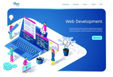 isometric vector illustration demonstrating the web development process. web page template suitable for graphic design. picture showing team of programmers working on website at the office.
