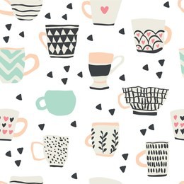 seamless pattern with cups of coffee illustrations on white background. autumn and winter mood. home decorations isolated on white background. scandinavian style