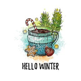 hello winter hand drawn doodle poster. hot tea coffee cup. cute sketch holiday concept. line icon on watercolor grunge splash background. vector illustration isolated on white. for t-shirt print, card