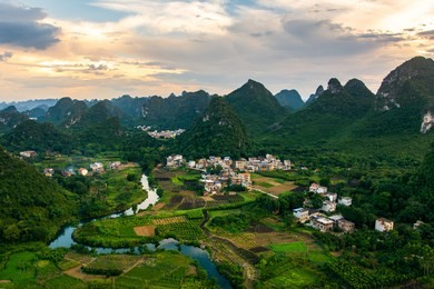 amazing landscape of yangshuo rice fields and rocks in china aerial view