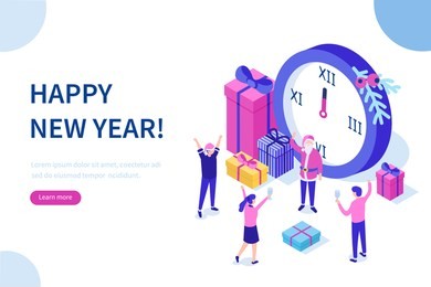happy business people celebrate new year near big clocks. can use for web banner, infographics, hero images. flat isometric vector illustration isolated on white background.