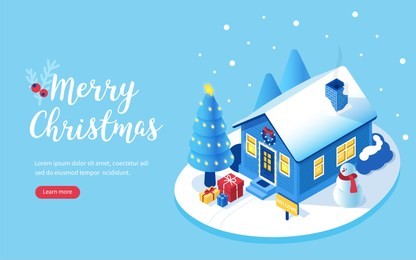 christmas house, tree and gift boxes. can use for web banner, infographics, hero images. flat isometric vector illustration isolated on white background.