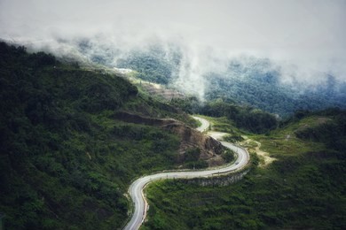 high angle view of maze, step, twisty road in wild nature with mist and foggy at genting highland, malaysia 