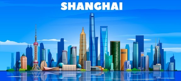 shanghai ( china ) skyline with panorama in sky background. vector illustration. business travel and tourism concept with modern buildings. image for presentation, banner, web site.