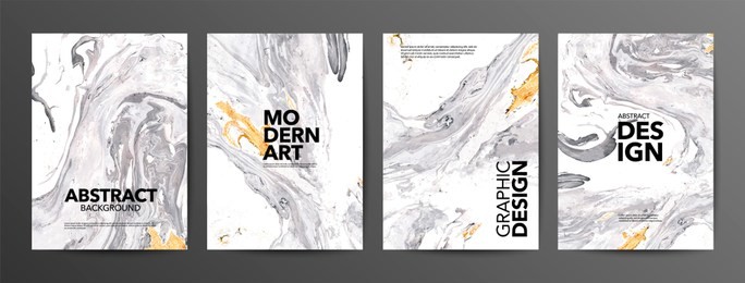 set of creative marble cards. hand drawn textures made with special ink. ochre and white marble background. fluid art. applicable for design cover, posters, presentation, invitation, flyer.