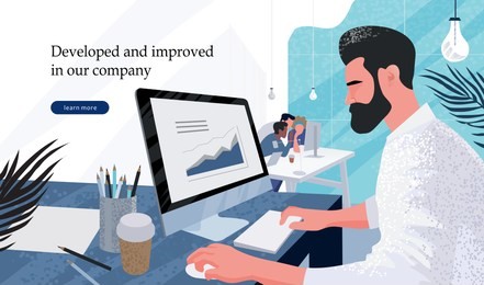 businessman marketer working at the computer in the office, vector flat illustration of programmer, business analyst, designer, manager