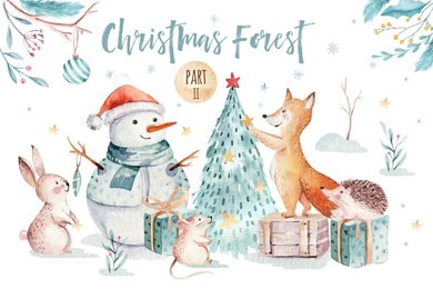 watercolor merry christmas illustration with snowman, christmas tree , holiday cute animals fox, rabbit and hedgehog . christmas celebration cards. winter new year design.