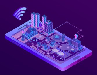  3d isometric smart city on smartphone screen, town map with navigation markers in ultra violet colors. wireless internet technologies, mobile gps application and tracking concept illustration