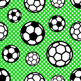 seamless vector pattern with soccer balls on background with small green circles circles