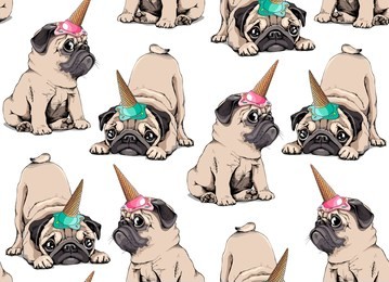 seamless pattern. adorable beige puppies pugs in a ice cream party cap on a white background. textile composition, hand drawn style print. vector illustration.