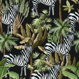 seamless pattern with exotic trees and wild zebra. 
