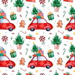 bright seamless pattern with christmas tree,candy,red retro car,gift and more.watercolor holiday texture.perfect for your christmas and new year project,invitations,greeting cards,wallpapers,print etc