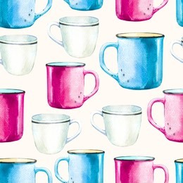 seamless background. tea party pattern on white. watercolor illustration of funny cups. decorative elements with traditional hot drinks for your packing design. multicolor decor.