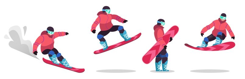 adults, dressed in winter clothes, go snowboarding. men and women pragat from a springboard and descend from the mountain .. winter mountain sports activities. isolated vector illustration in flat sty