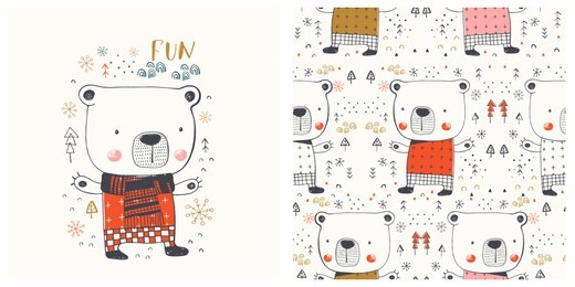 cute winter bear, seamless patter. set. hand drawn vector illustration