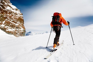 lone alpine touring skier. monterosa, swiss-italy border.