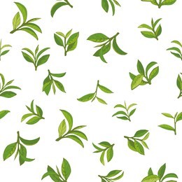 seamless pattern with green tea, hand-drawn leaves and branches of tea