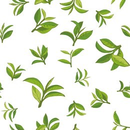 seamless pattern with green tea, hand-drawn leaves and branches of tea