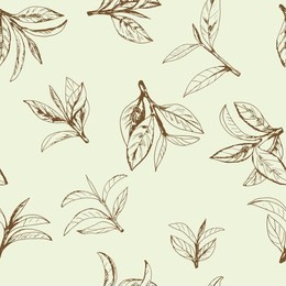 seamless pattern with green tea, hand-drawn leaves and branches of tea
