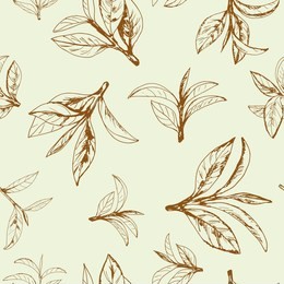 seamless pattern with green tea, hand-drawn leaves and branches of tea