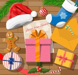 letter from santa claus. wooden desk gift boxes, candycane, envelope, holly, sock, hat, gingerbread man, ball fur branches. wishes presents christmas xmas new year eve. illustration flat style