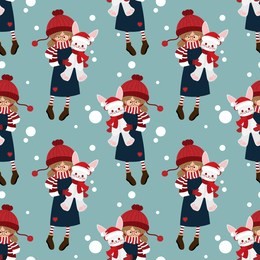 christmas holiday season seamless pattern with cute girl in winter custom with cute rabbit doll and happy christmas text.