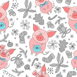 new year`s  seamless pattern with pigs. seamless  pattern  of happy new year and christmas day. seamless pattern of doodle, for wrapping paper, cloth, background. bitmap