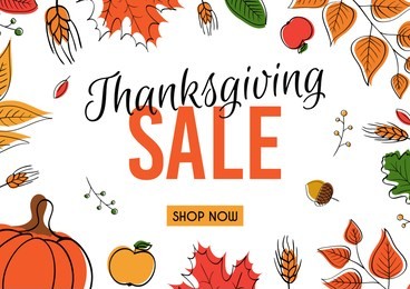 thanksgiving sale web banner or big seasonal promo offer discount poster for autumnal shopping background template. hand drawn leaves and pumpkin for thanksgiving sale design. vector illustration.