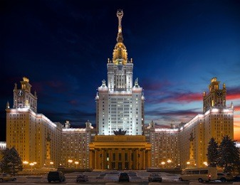 the university of moscow in the winter, late night view