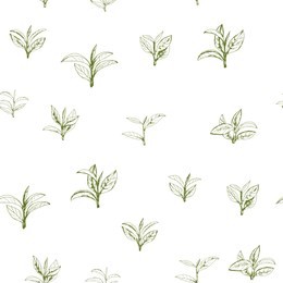 seamless pattern with green tea, hand-drawn leaves and branches of tea
