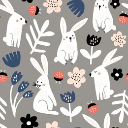 seamless childish pattern with pink bunny, flowers, ladybug . creative scandinavian kids texture for fabric, wrapping, textile, wallpaper, apparel. vector illustration