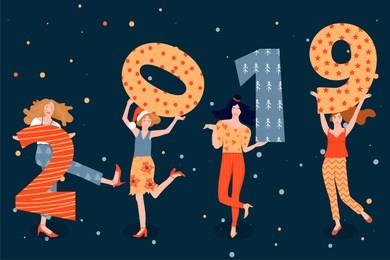 christmas and happy new year greeting card with dancing girls and figures with 2019 year. womens invite and celebrate the coming of the new year. vector illustration for postcard, poster, invitation.