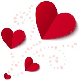 red paper hearts valentines day card on white background