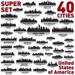 incredible city skyline set. 40 city silhouettes of united states of america