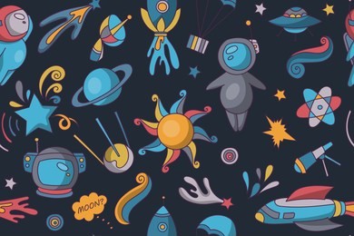 doodles outer space colorful seamless pattern. cosmos objects with planets, rockets and astronaut. vector background for design in dark-blue.