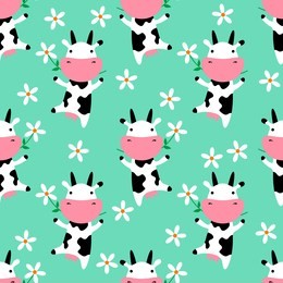 cute cow eating grass. seamless pattern. vector pattern with cute cows and flowers. vector illustarion. childish vector seamless wallpaper with daisies