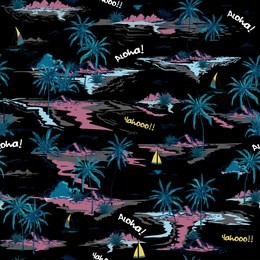 trendy summer night  beautiful seamless island pattern on white background. landscape with palm trees,beach and ocean vector hand drawn style on black color background.