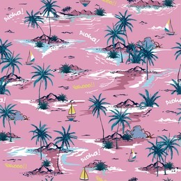 sweet summer bright  beautiful seamless island pattern on white background. landscape with palm trees,beach and ocean vector hand drawn style on vintage pink background.