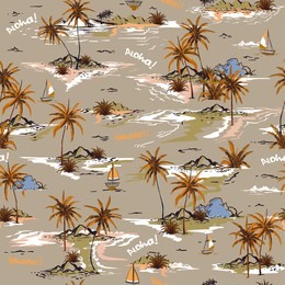 vintage beautiful seamless island pattern on white background. landscape with palm trees,beach and ocean vector hand drawn style on brown color background.